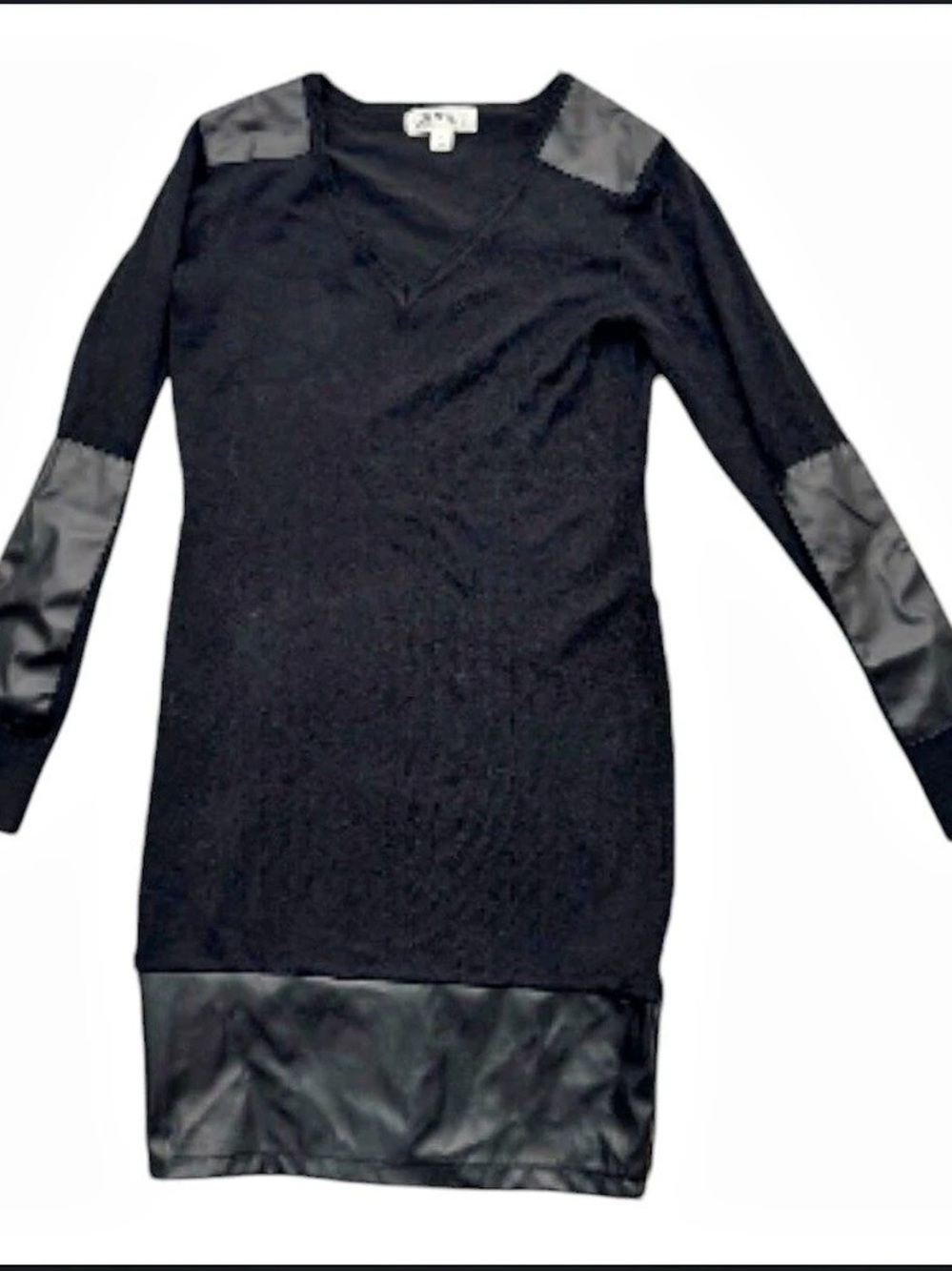 Black sweater dress with faux leather accents